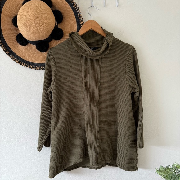 Fenini Olive Green Boho Textured Cotton Turtleneck Sweater Lagenlook Size Small - Picture 1 of 12